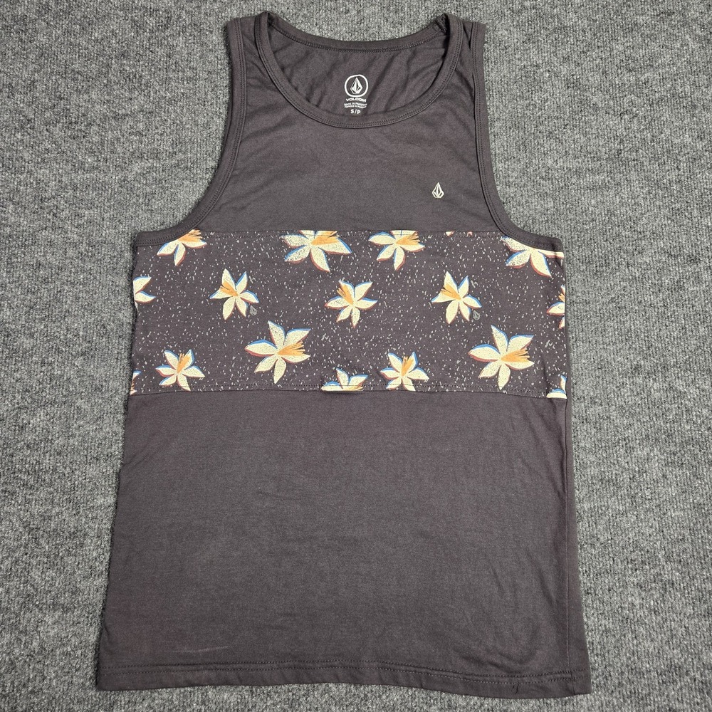 Volcom Tank Top Mens Small Colorblock Black Floral Tropical Sleeveless Tank